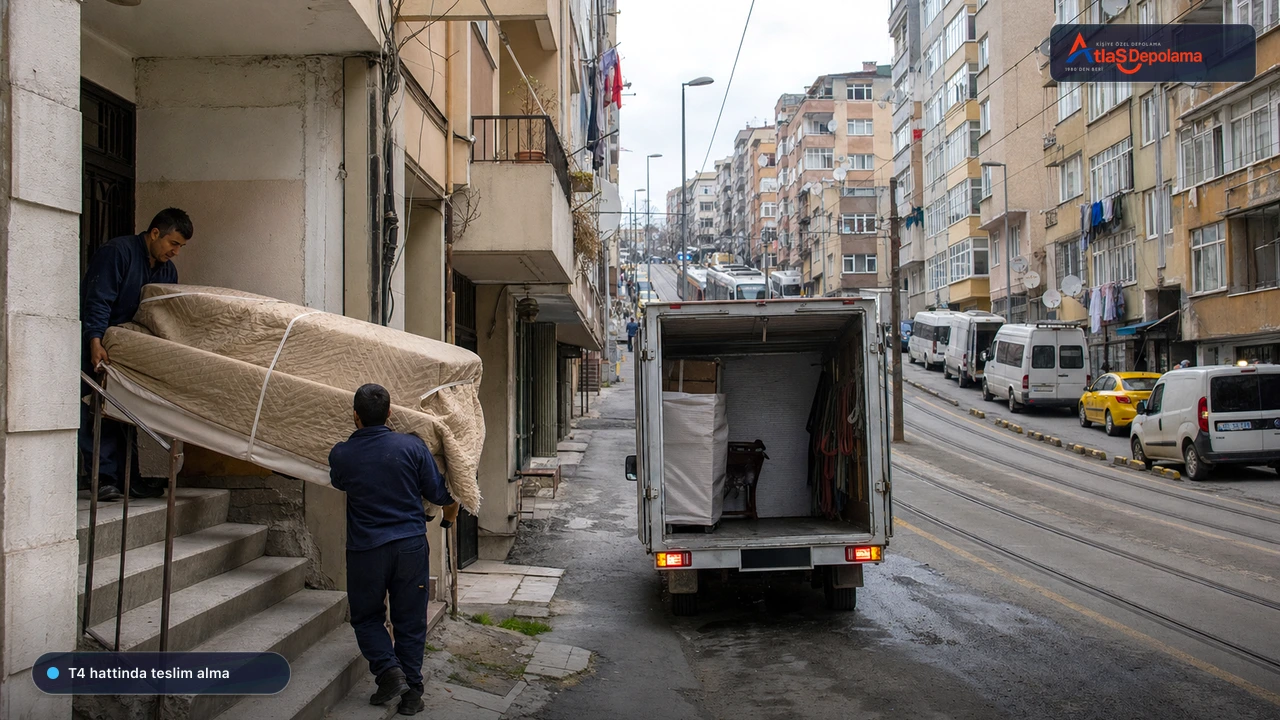 Gaziosmanpaşa T4 hattında battaniyeye sarılı koltuk taşıyan Atlas Depolama ekibi