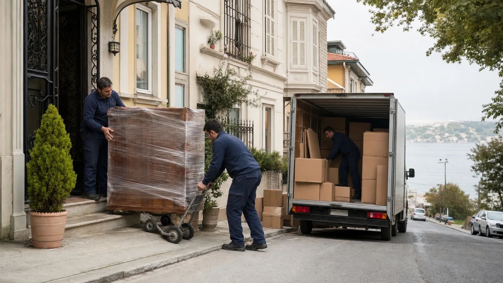 Yeniköy'de dar ve eğimli sokakta paketli mobilyayı küçük nakliye aracına taşıyan profesyonel ekip