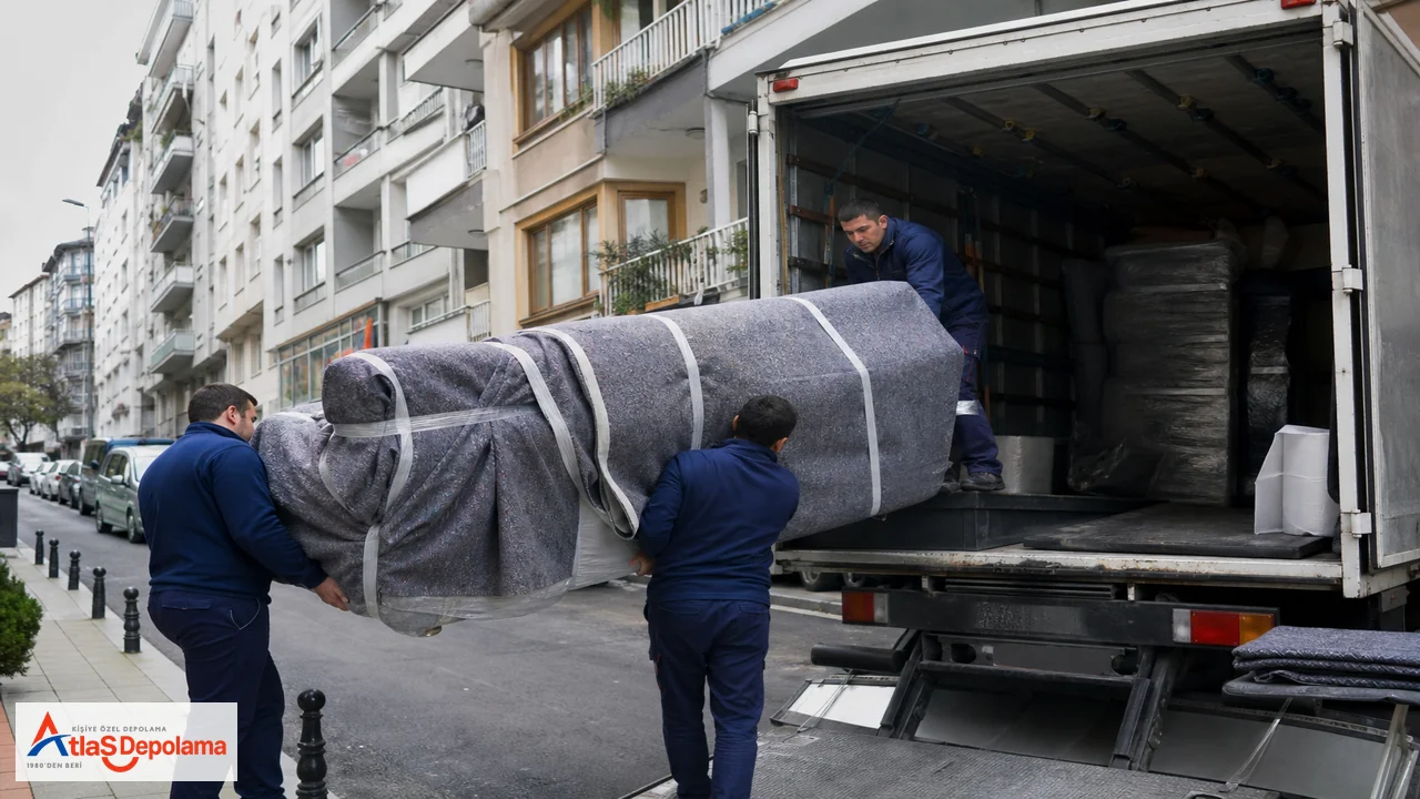 Şişli Halaskargazi hattında battaniyeye sarılı mobilya taşıyan Atlas Depolama ekibi